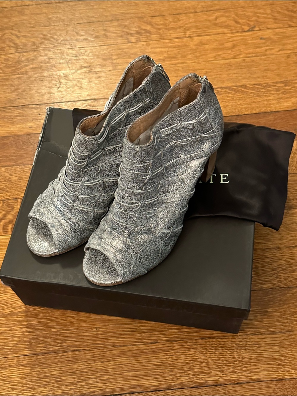 Silver Glitter Peep-Toe Ankle Booties with Back Zip